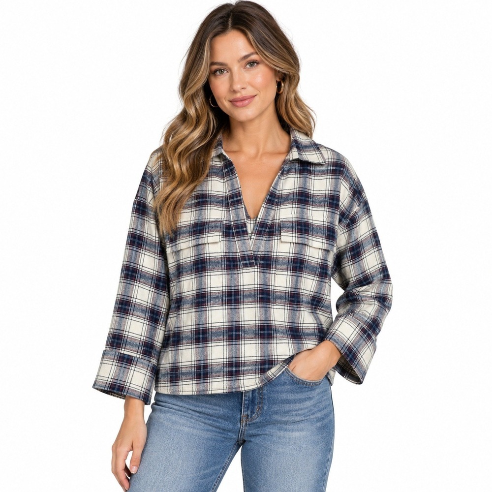 LOFT NWT Plaid Flannel V-Neck Pullover Top Navy Rust 100% Cotton Size S